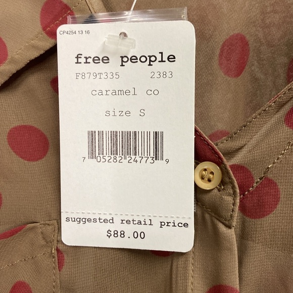 Free People Easy Rider Polka Dot Hi Low Blouse Caramel Brown Size Small NWT - Picture 7 of 7